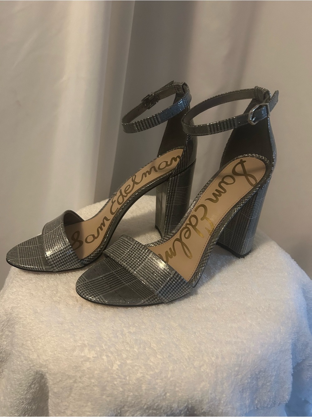 Sam Edelman Metallic Silver Ankle-Strap Block Heel Sandals